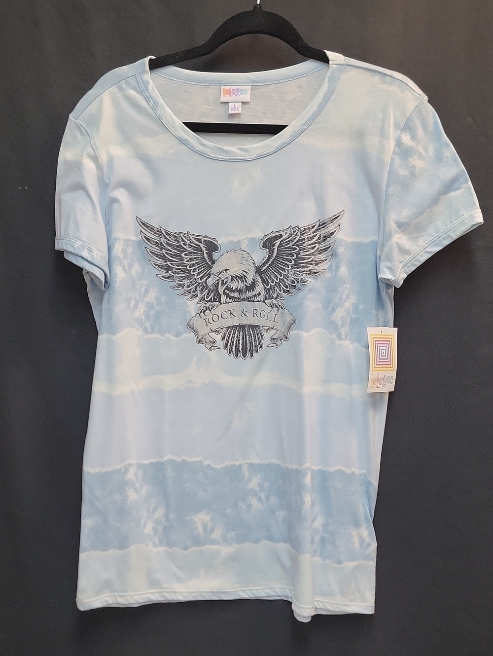 LuLaRoe Light Blue Tie-Dye Eagle Rock & Roll Graphic Tee